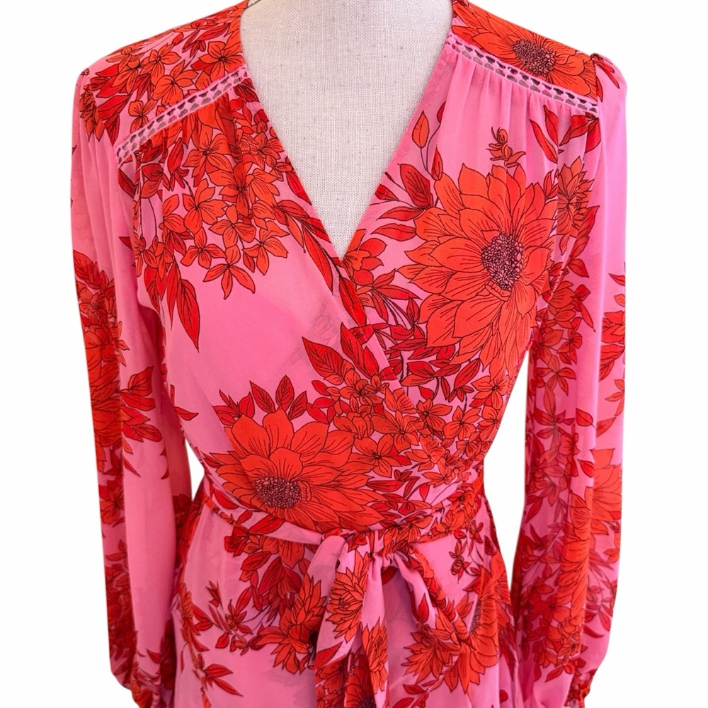 CAbi Pink/Red Chiffon Floral "Drama" Wrap Style Midi Dress #5614 S - Picture 3 of 12